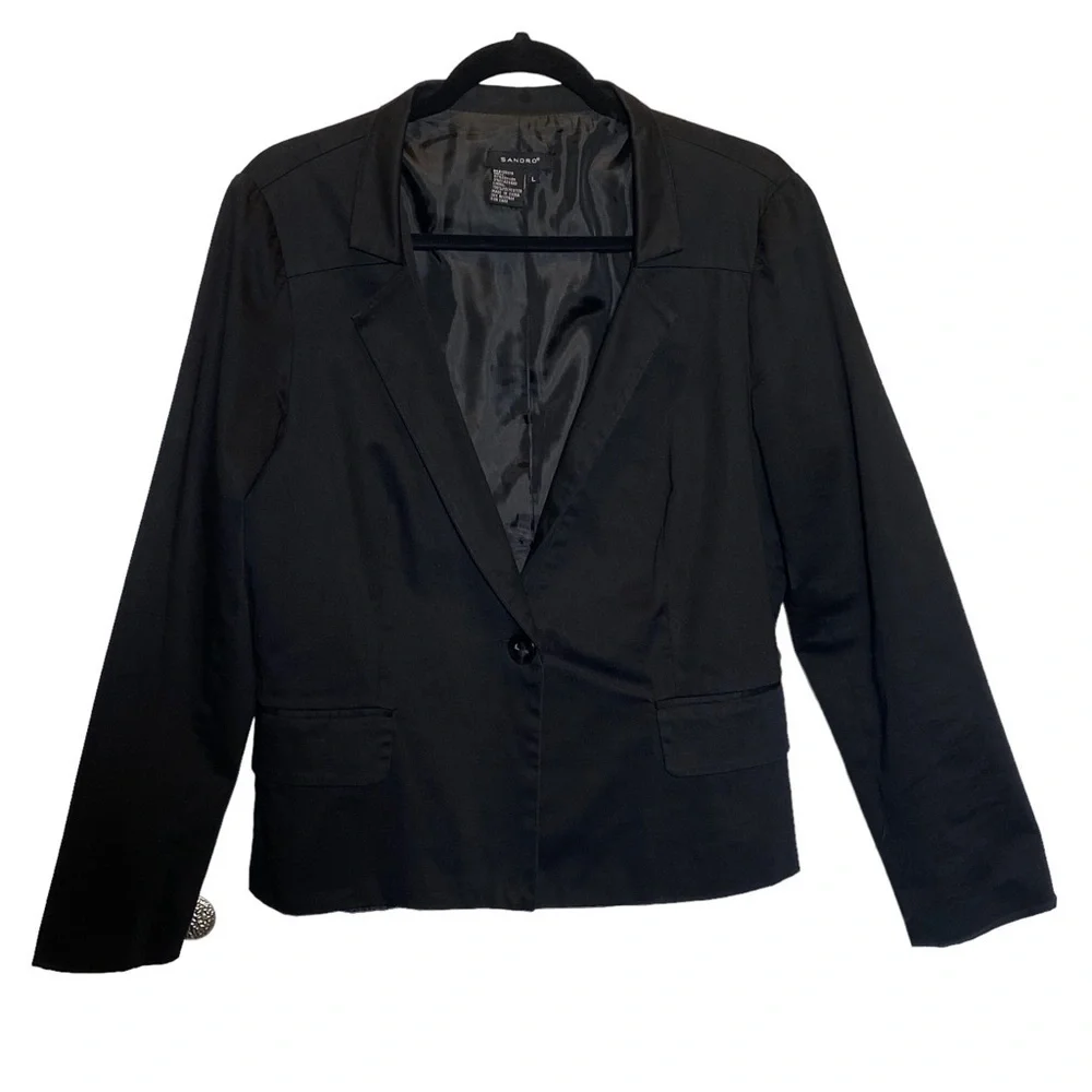 Sandro women's size Large Black Cotton one button lined blazer